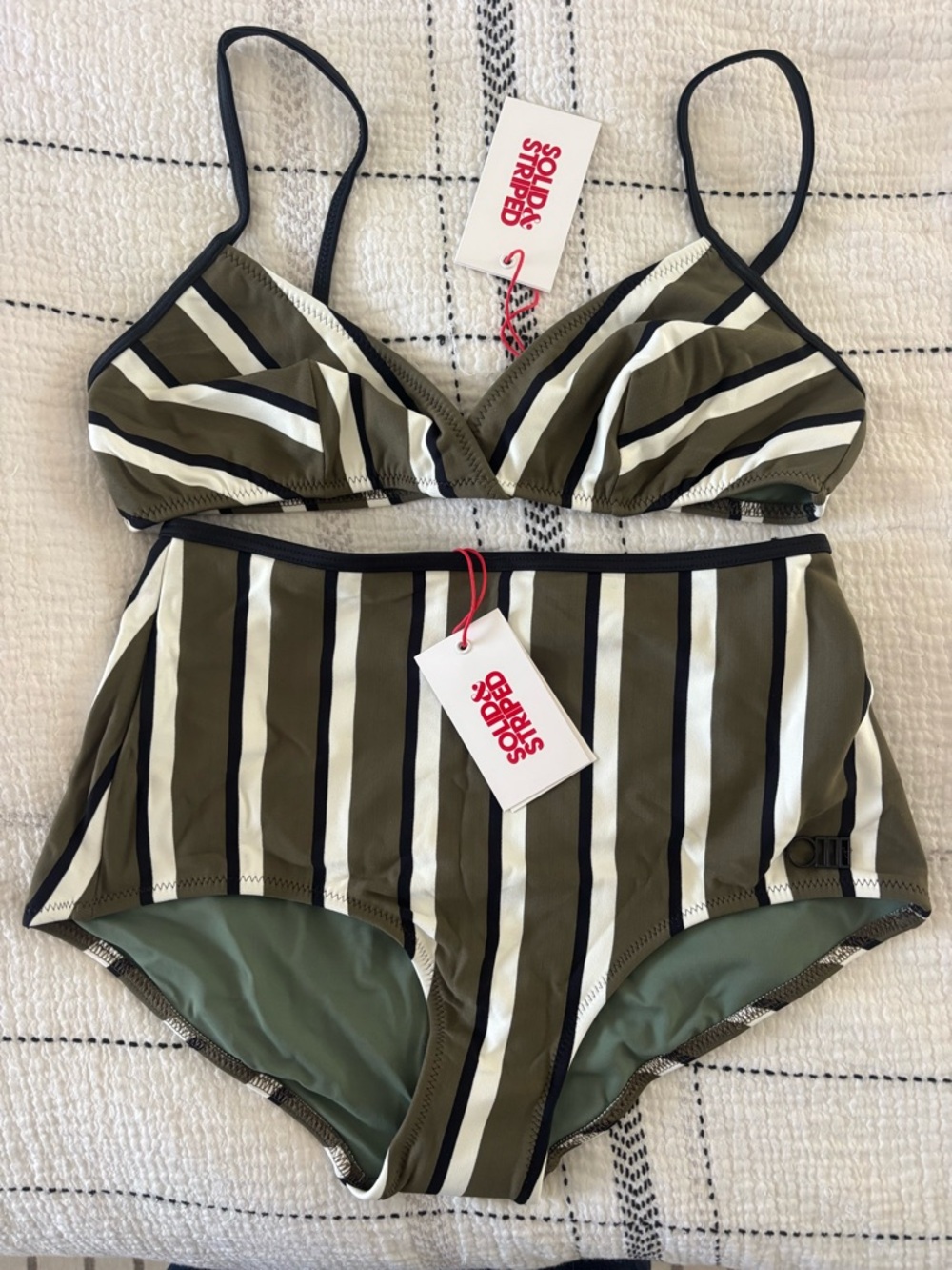 SOLID & STRIPED Olive, Cream & Black Striped Women’s Two-Piece Bikini